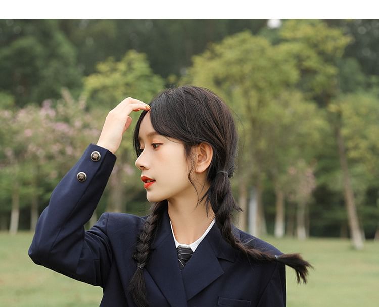 Notch Lapel Embroidered Double-Breasted Crop Blazer / Plain Pleated Midi A-Line Pinafore Dress / Long-Sleeve Shirt / Set