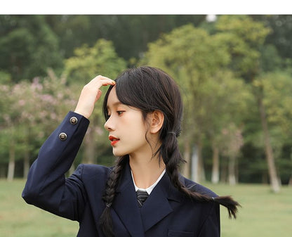 Notch Lapel Embroidered Double-Breasted Crop Blazer / Plain Pleated Midi A-Line Pinafore Dress / Long-Sleeve Shirt / Set