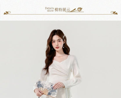 Long-Sleeve V-Neck Plain Ruched Midi A-Line Dress