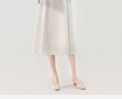 Long-Sleeve V-Neck Plain Ruched Midi A-Line Dress