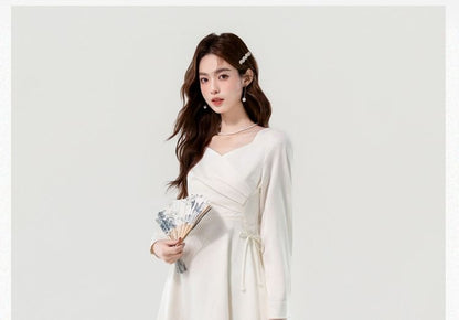 Long-Sleeve V-Neck Plain Ruched Midi A-Line Dress