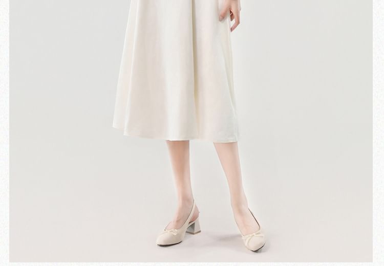 Long-Sleeve V-Neck Plain Ruched Midi A-Line Dress