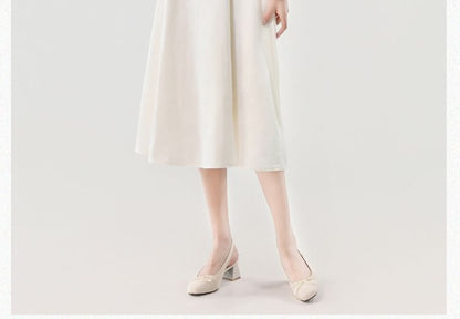 Long-Sleeve V-Neck Plain Ruched Midi A-Line Dress