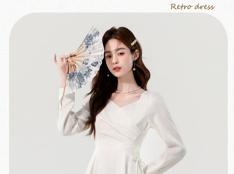 Long-Sleeve V-Neck Plain Ruched Midi A-Line Dress