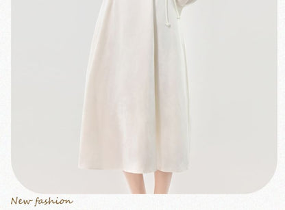 Long-Sleeve V-Neck Plain Ruched Midi A-Line Dress