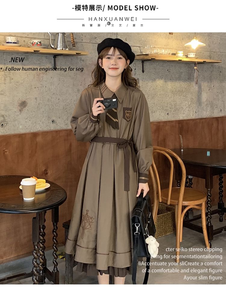 Long-Sleeve Collared Embroidered Layered Tie Waist Midi A-Line Dress / Notch Lapel Double-Breasted Capelet / Set