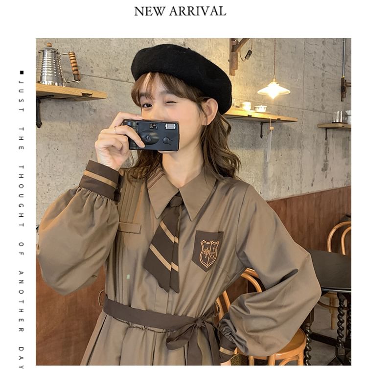 Long-Sleeve Collared Embroidered Layered Tie Waist Midi A-Line Dress / Notch Lapel Double-Breasted Capelet / Set