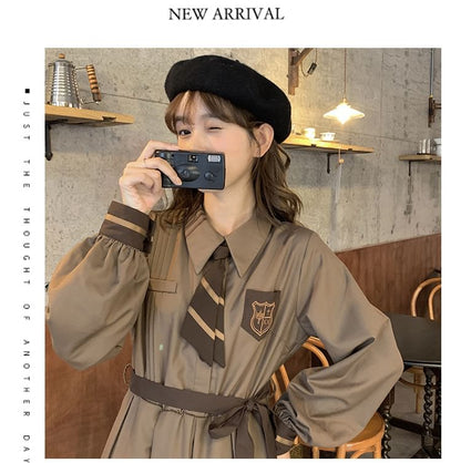 Long-Sleeve Collared Embroidered Layered Tie Waist Midi A-Line Dress / Notch Lapel Double-Breasted Capelet / Set