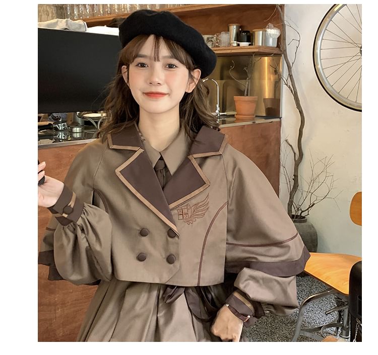 Long-Sleeve Collared Embroidered Layered Tie Waist Midi A-Line Dress / Notch Lapel Double-Breasted Capelet / Set