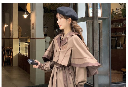 Long-Sleeve Collared Embroidered Layered Tie Waist Midi A-Line Dress / Notch Lapel Double-Breasted Capelet / Set