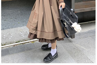 Long-Sleeve Collared Embroidered Layered Tie Waist Midi A-Line Dress / Notch Lapel Double-Breasted Capelet / Set