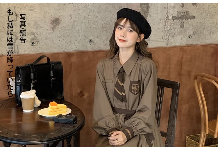 Long-Sleeve Collared Embroidered Layered Tie Waist Midi A-Line Dress / Notch Lapel Double-Breasted Capelet / Set