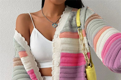 Scallop Trim V-Neck Button-Up Crop Cardigan