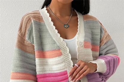 Scallop Trim V-Neck Button-Up Crop Cardigan