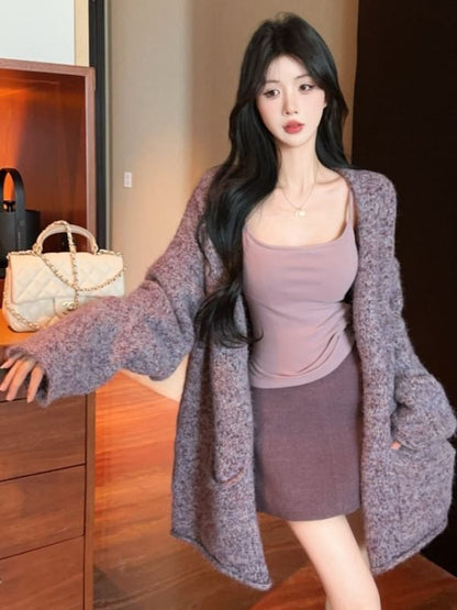 Melange Open Front Cardigan with Slim Camisole and High-Waist Pencil Skirt