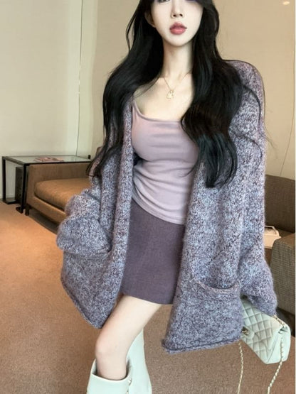Melange Open Front Cardigan with Slim Camisole and High-Waist Pencil Skirt