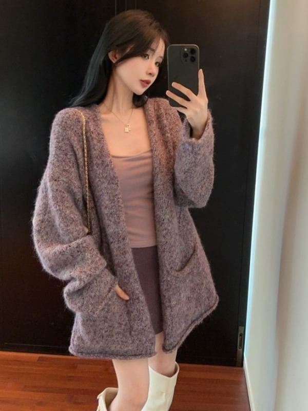 Melange Open Front Cardigan with Slim Camisole and High-Waist Pencil Skirt
