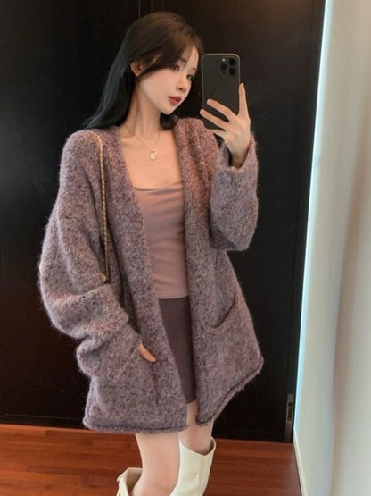 Melange Open Front Cardigan with Slim Camisole and High-Waist Pencil Skirt