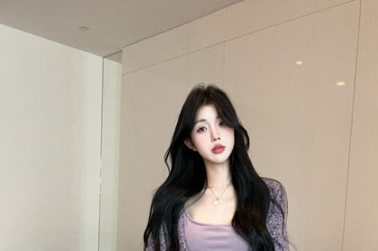 Melange Open Front Cardigan with Slim Camisole and High-Waist Pencil Skirt