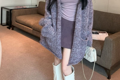 Melange Open Front Cardigan with Slim Camisole and High-Waist Pencil Skirt