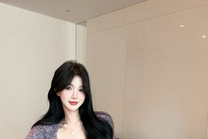 Melange Open Front Cardigan with Slim Camisole and High-Waist Pencil Skirt