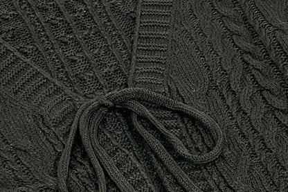 V-Neck Plain Cable Knit Tie Front Cropped Cardigan