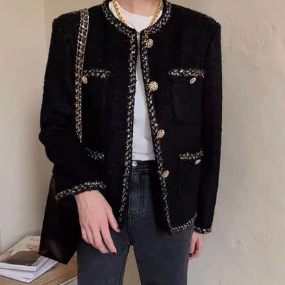 Round Neck Contrast Trim Tweed Button Jacket