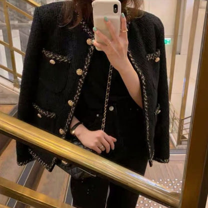 Round Neck Contrast Trim Tweed Button Jacket