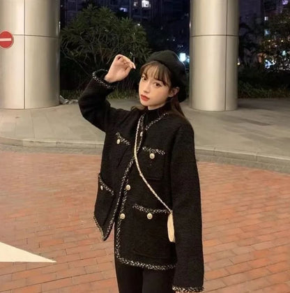 Round Neck Contrast Trim Tweed Button Jacket