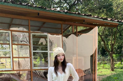Sheer V-Neck Lace Button-Up Cardigan with High-Waist Asymmetric Midi Skirt