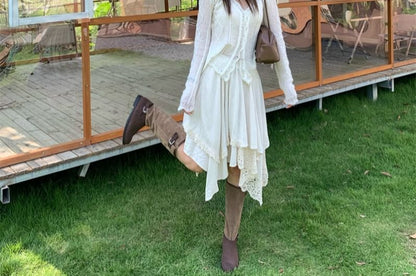 Sheer V-Neck Lace Button-Up Cardigan with High-Waist Asymmetric Midi Skirt
