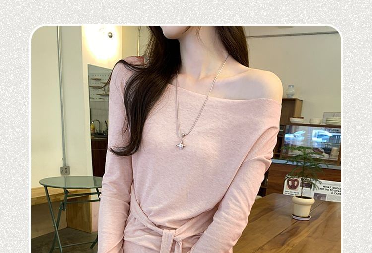 Off-Shoulder Solid Tee with Long Sleeves