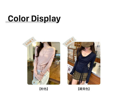 Off-Shoulder Solid Tee with Long Sleeves