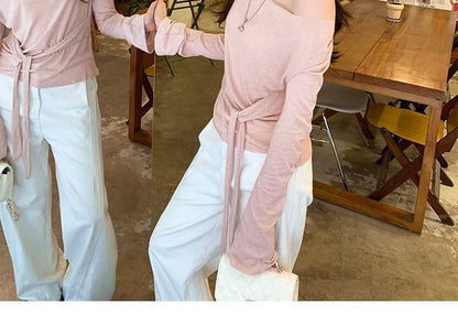 Off-Shoulder Solid Tee with Long Sleeves