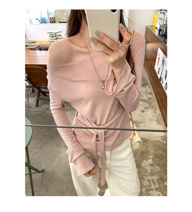 Off-Shoulder Solid Tee with Long Sleeves