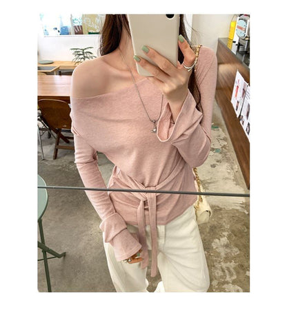 Off-Shoulder Solid Tee with Long Sleeves