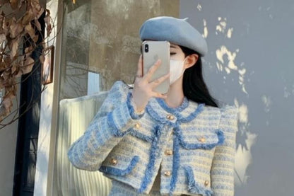 Set: Plaid Tweed Button-Up Crop Jacket + Mini Pleated Skirt