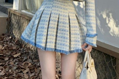 Set: Plaid Tweed Button-Up Crop Jacket + Mini Pleated Skirt