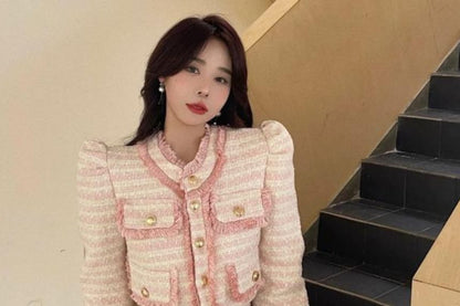 Set: Plaid Tweed Button-Up Crop Jacket + Mini Pleated Skirt