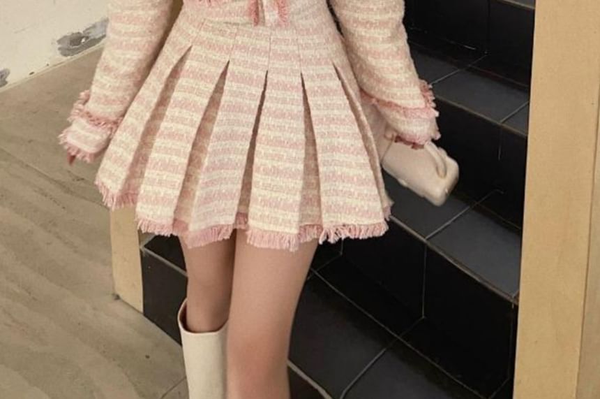 Set: Plaid Tweed Button-Up Crop Jacket + Mini Pleated Skirt