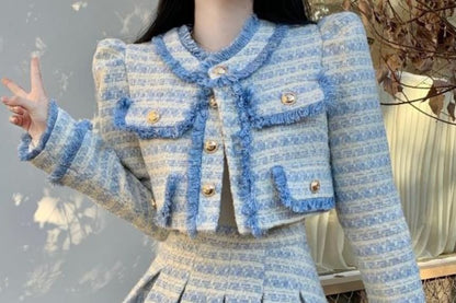 Set: Plaid Tweed Button-Up Crop Jacket + Mini Pleated Skirt