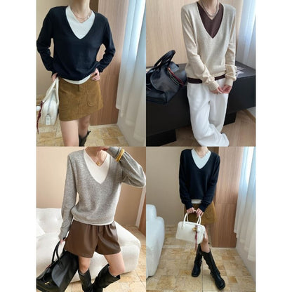 Two-Tone V-Neck Sweater with Mock Layered Design
