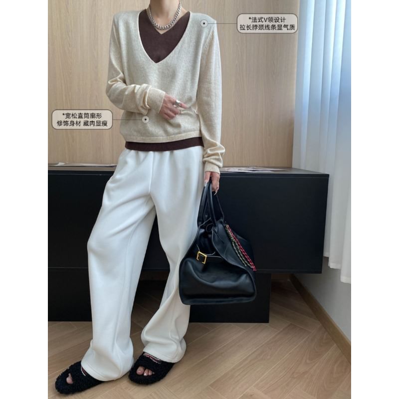 Two-Tone V-Neck Sweater with Mock Layered Design
