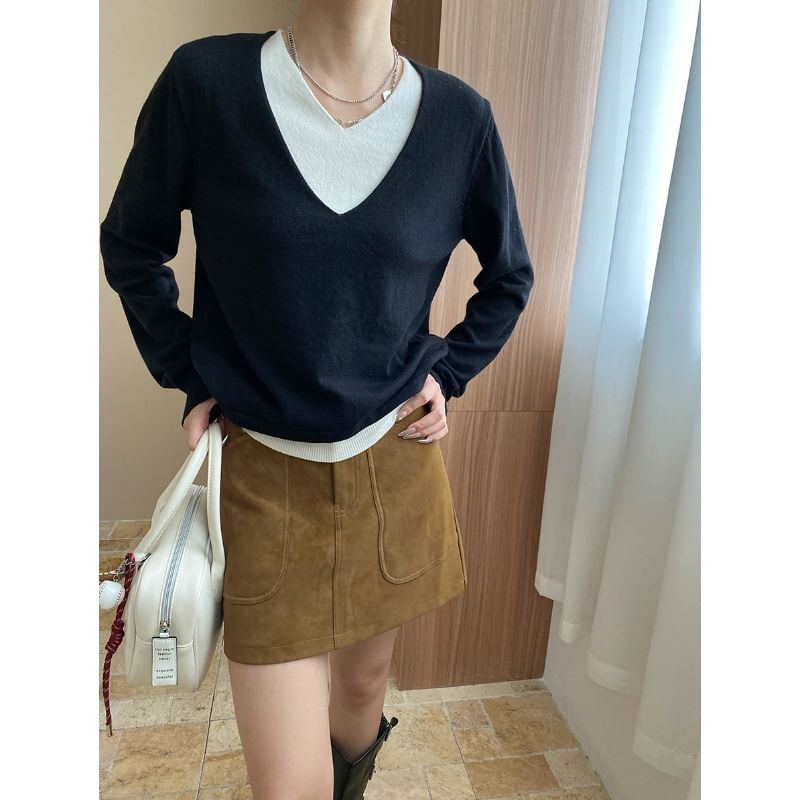 Two-Tone V-Neck Sweater with Mock Layered Design