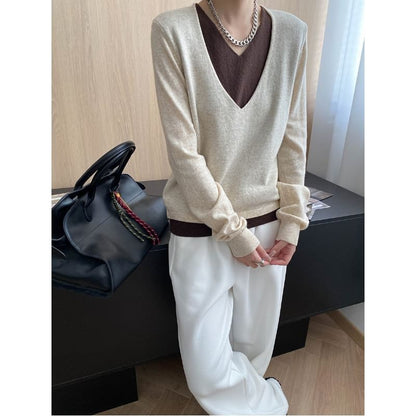 Two-Tone V-Neck Sweater with Mock Layered Design