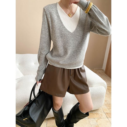 Two-Tone V-Neck Sweater with Mock Layered Design