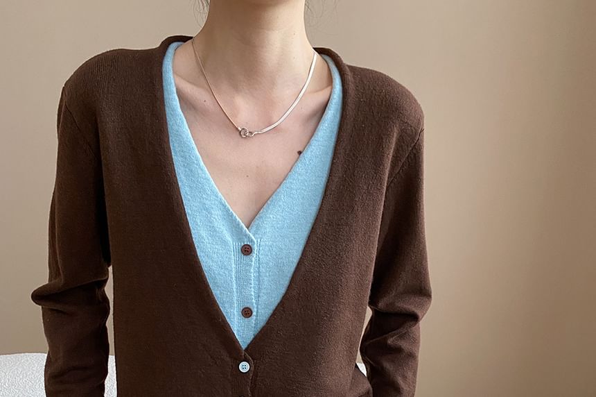 Two-Tone V-Neck Cardigan with Mock Layered Design