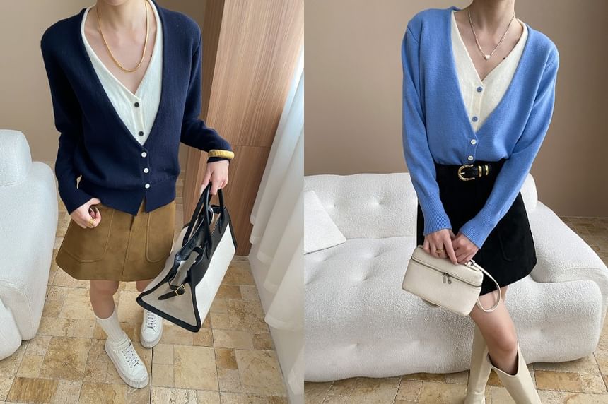 Two-Tone V-Neck Cardigan with Mock Layered Design