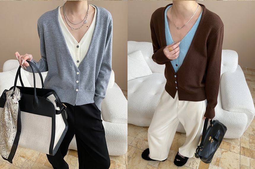 Two-Tone V-Neck Cardigan with Mock Layered Design