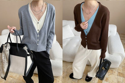 Two-Tone V-Neck Cardigan with Mock Layered Design